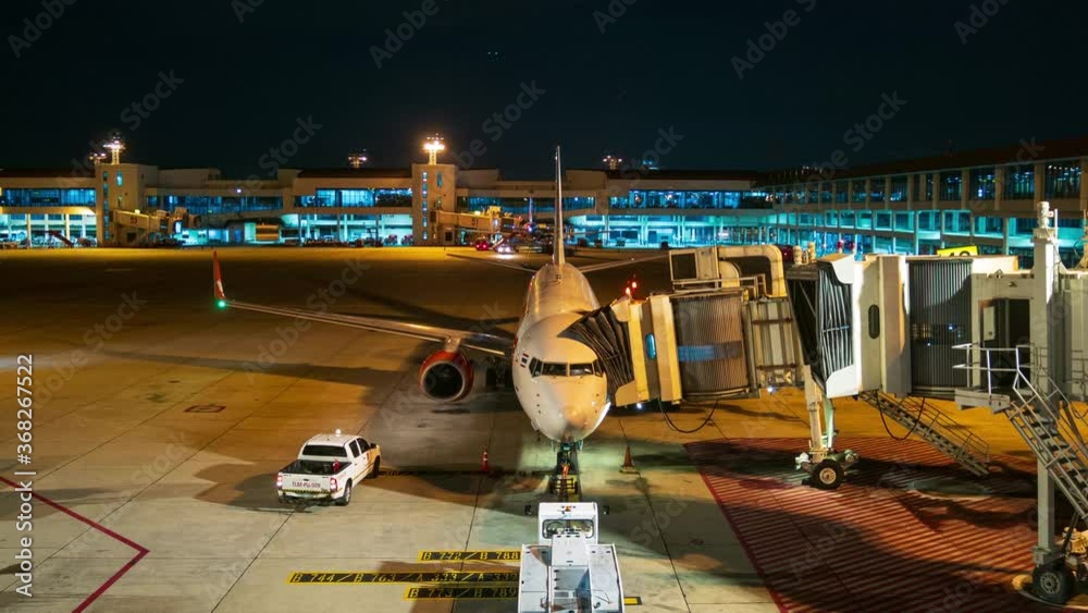Time lapse ground staff Preparing the aircraft before flight Loading of baggage Food for flight services and equipment before boarding the airplane at night time,zoom out 4K 3840 x 2160 resolutions.