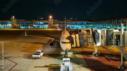 Wallpaper Mural Time lapse ground staff Preparing the aircraft before flight Loading of baggage Food for flight services and equipment before boarding the airplane at night time,zoom out 4K 3840 x 2160 resolutions. Torontodigital.ca