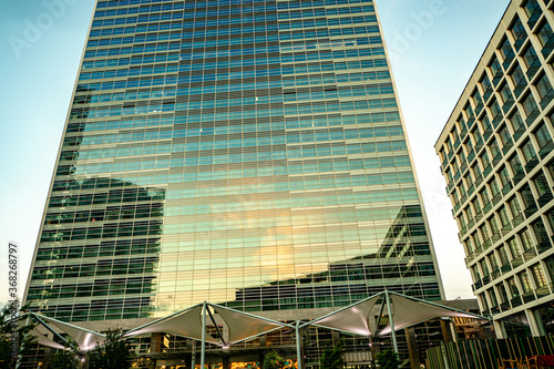 evening view of modern part of Slovakia capital city Bratislava, business district