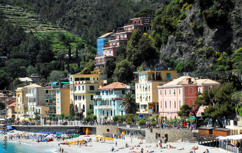 Italy- Many Distant People Enjoying a Cinque Terra Beach and Village