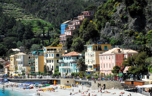 Italy- Many Distant People Enjoying a Cinque Terra Beach and Village © Sherry