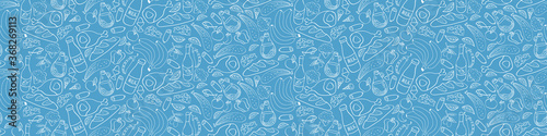 Food hand drawn seamless banner. Cooking ingredients on blue background. Vector illustration.