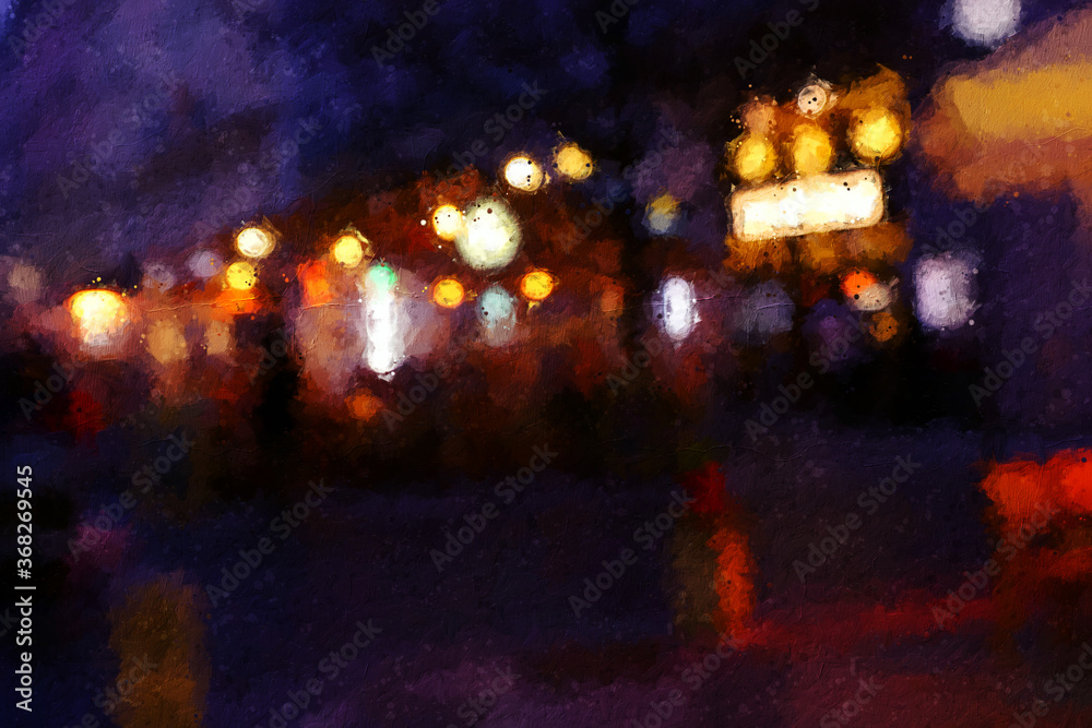 abstract background of blurred city lights. oil painting style photo