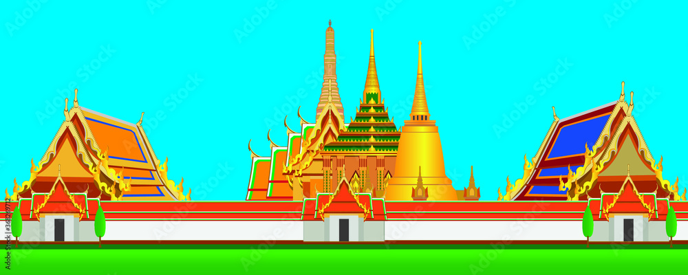 The Royal Palace - The Royal Temple - Wat Phra Kaew - The famous symbols of Bangkok Thailand drawing in vector