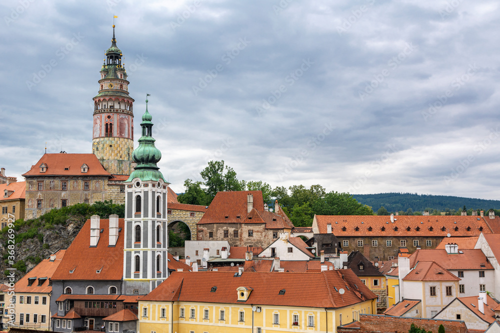 View to Cesky Krumlov Old Town and Castle Tower, Czech Republic