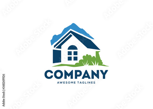 Eco cottage village logo template - emblem with modern countryside landscape silhouette