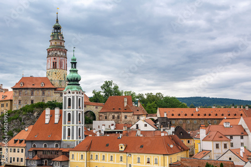 View to Cesky Krumlov Old Town and Castle Tower, Czech Republic