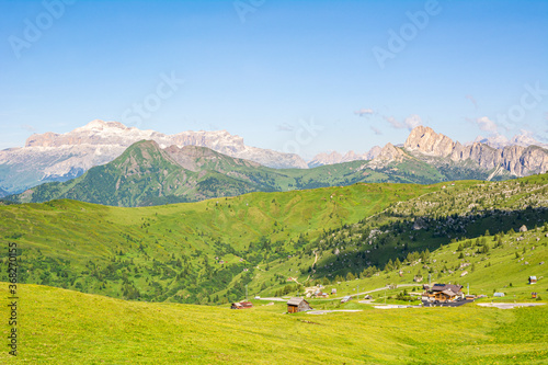 Beautiful view to the alpine meadows and mountains, Giau Pass, Dolomites, Italy