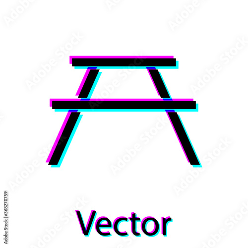 Black Picnic table with benches on either side of the table icon isolated on white background. Vector Illustration.