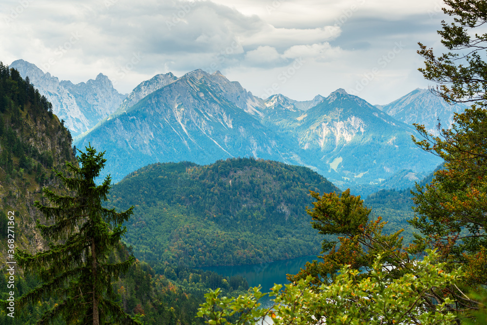 Bavarian Alps landscape in Fussen, Germany with Lake Alpsee.