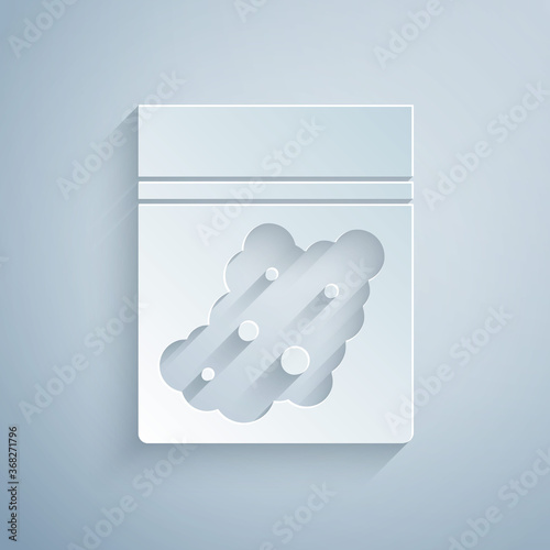 Paper cut Plastic bag of medicinal cannabis icon isolated on grey background. Health danger. Paper art style. Vector Illustration.