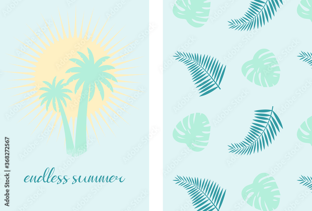 Vector illustration with cartoon palms, sun and seamless pattern with tropical leaves. For birthday or party invitation and so print design for pajamas, nursery poster.
