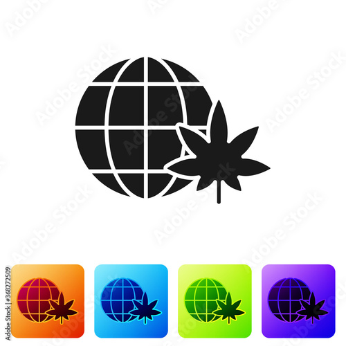 Black Legalize marijuana or cannabis globe symbol icon isolated on white background. Hemp symbol. Set icons in color square buttons. Vector Illustration.