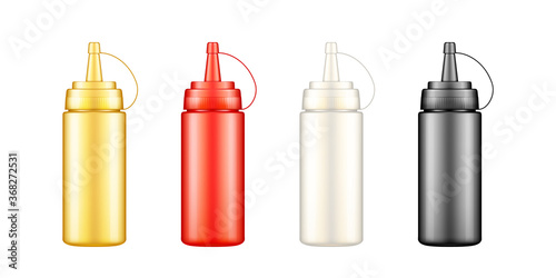 Squeeze mayonnaise, ketchup,mustard and soy sauce bottles with cap mockup. Set of blank plastic food package for restaurant or fast food. Product container template. Isolated 3d vector illustration
