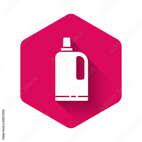 White Fabric softener icon isolated with long shadow. Liquid laundry detergent, conditioner, cleaning agent, bleach. Pink hexagon button. Vector Illustration.