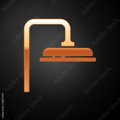 Gold Shower head with water drops flowing icon isolated on black background. Vector Illustration.