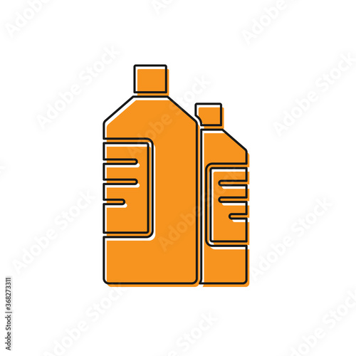 Orange Plastic bottles for laundry detergent, bleach, dishwashing liquid or another cleaning agent icon isolated on white background. Vector Illustration.