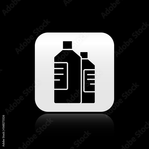 Black Plastic bottles for laundry detergent, bleach, dishwashing liquid or another cleaning agent icon isolated on black background. Silver square button. Vector Illustration.