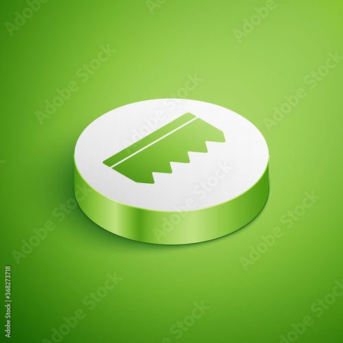 Isometric Sponge with bubbles icon isolated on green background. Wisp of bast for washing dishes. Cleaning service logo. White circle button. Vector Illustration.