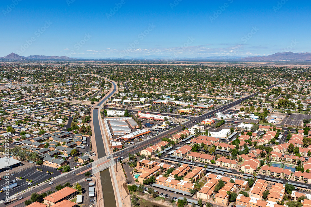 Aerial view from above the consolidated canal in Mesa, Arizona