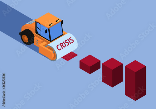 Roller and histograms in isometric. The road roller is a symbol of the crisis and it is destroying the economy. 
