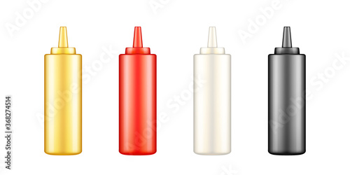 Squeeze ketchup, mayonnaise, mustard and soy sauce bottles with cap mockup. Set of blank plastic food package for restaurant or fast food. Product container template. Isolated 3d vector illustration
