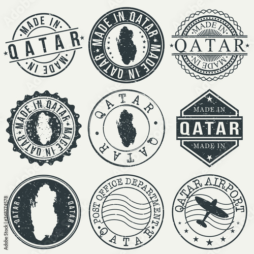 Qatar Set of Stamps. Travel Stamp. Made In Product. Design Seals Old Style Insignia.