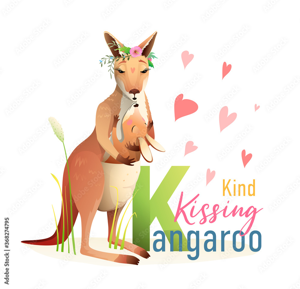 K is for Kangaroo, Animal ABC picture book. Mother and baby in a bag  kangaroo character cartoon. Cute zoo animals alphabet picture book,  watercolor styled vector design. Stock Vector | Adobe Stock
