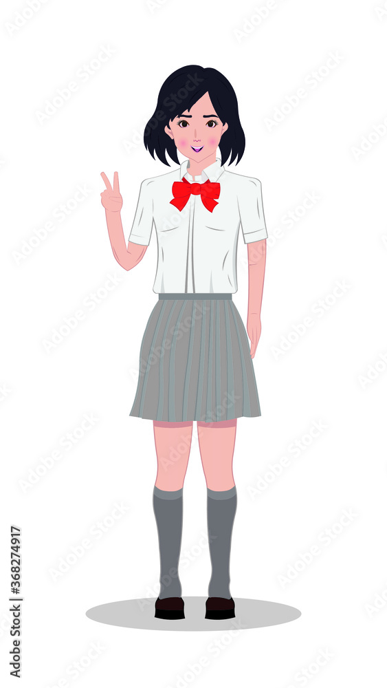Cute japanese teen girl student in summer uniform with red bow tie drawing in vector Cute japanese teen girl student in summer uniform with red bow tie drawing in vector