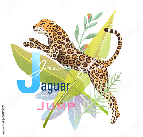 J is for Jumping Jaguar, Animal ABC picture book. Realistic wild Jaguar in Jungle cartoon, kids character design. Wild animal poster or t shirt print design, watercolor styled vector design.