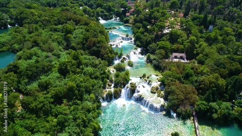National Park Krka Waterfalls, Skradin, Croatia. Aerial view of Krka Waterfalls. Turquoise cascade in Europe. Famous places of world heritage to visit. 