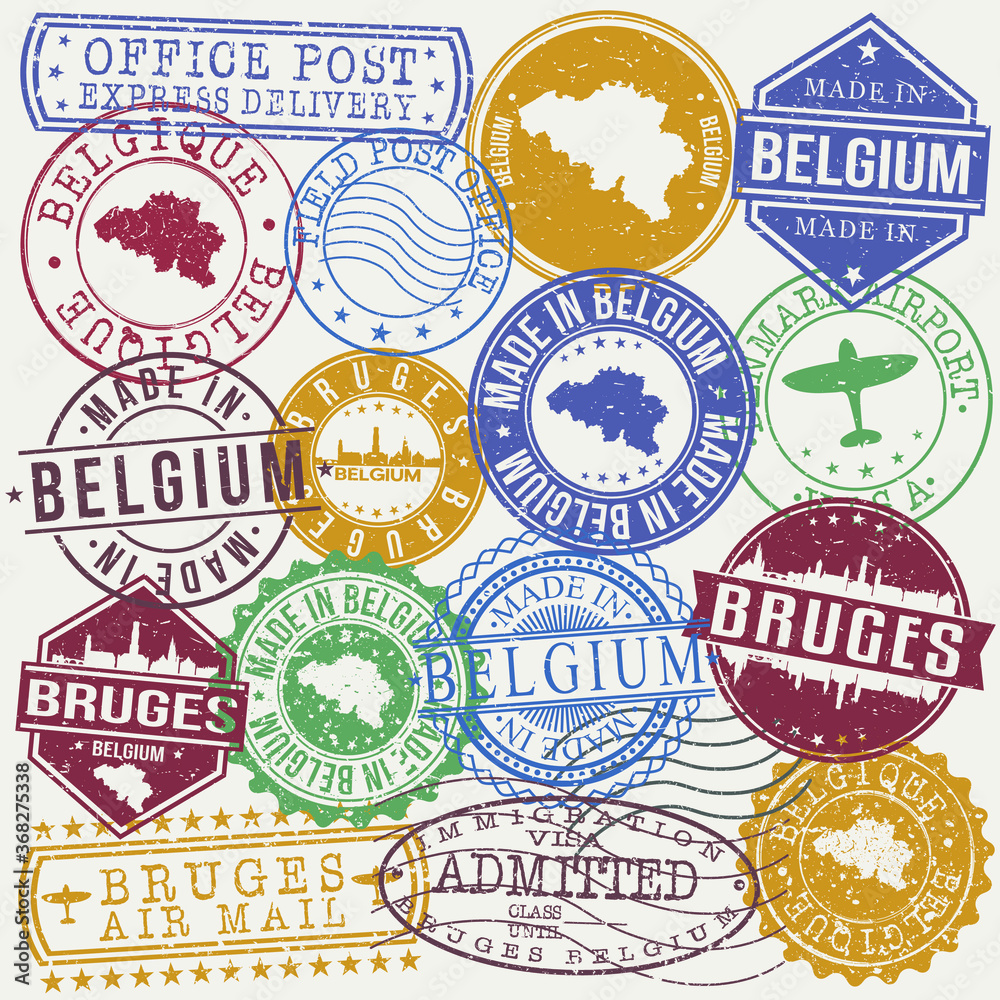 Bruges Belgium. Stamp. Vector Art. Postal Passport. Travel Design Set. Postage.