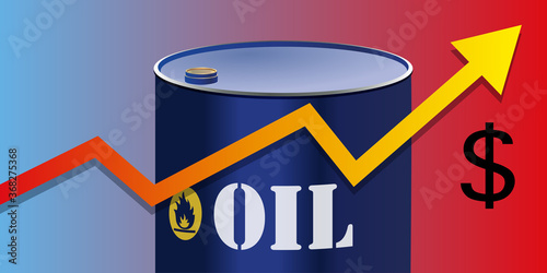 Concept de la hausse du prix du pétrole avec une flèche qui monte devant un baril pour symboliser les fluctuations des  marchés.