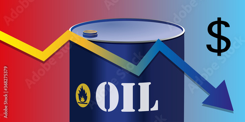 Concept de la baisse du prix du pétrole avec une flèche qui descend devant un baril pour symboliser les fluctuations des  marchés.