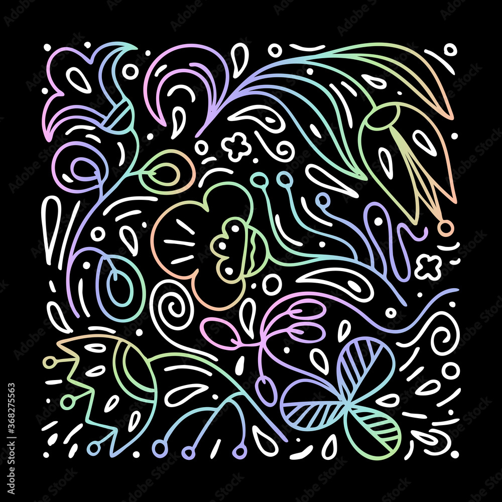 Fantasy Doodle flower background. Gradient iridescent pattern on a black background. Hand-drawn floral ornament, print for fabric, posters, notebooks, book illustrations. Fantasy Doodle flower background. Gradient iridescent pattern on a black background. Hand-drawn floral ornament, print for fabric, posters, notebooks, book illustrations.