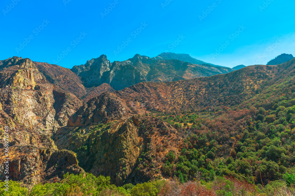 Kings river Canyon scenic panorama with sequoia trees from Highway 180 in Kings Canyon National Park, California, United States of America, besides Sequoia National Park. One of deepest canyons.