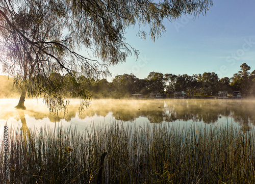 Sunrise and mist on a river in the country photo