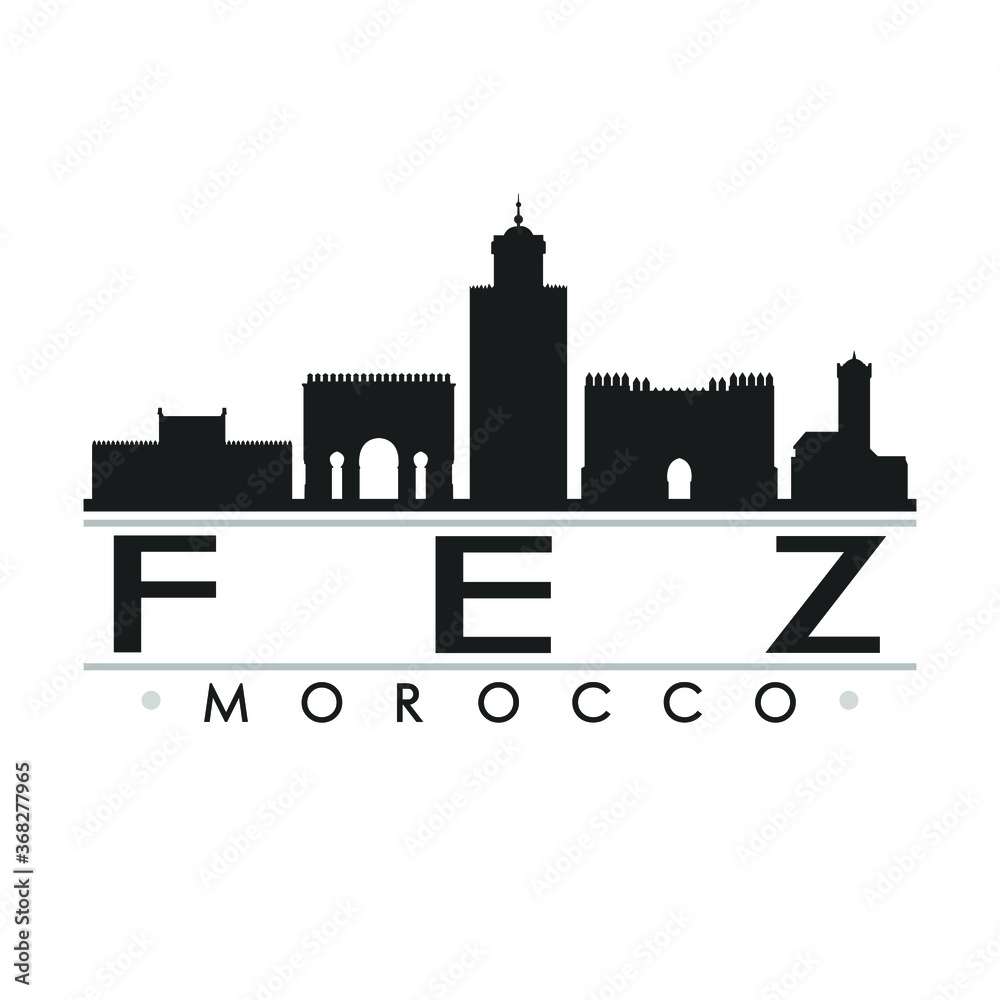 Fez Morocco Skyline Silhouette City. Cityscape Design Vector. Famous Monuments Tourism.
