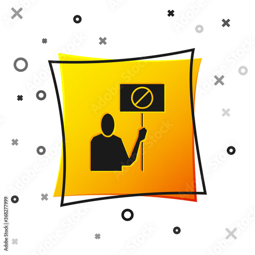 Black Nature saving protest icon isolated on white background. Earth planet protection, environmental issues demonstration. Yellow square button. Vector Illustration.