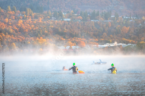 Swimmers in foggy river