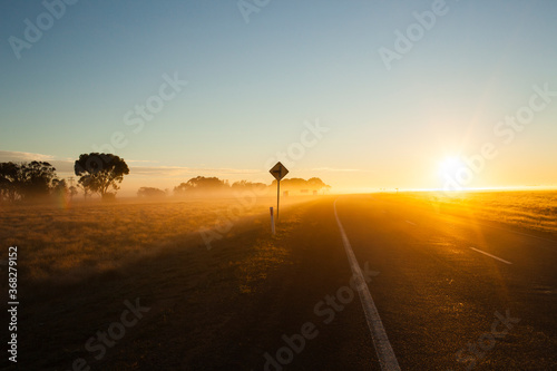Sunrise on a  regional highway with silhouette road side sign