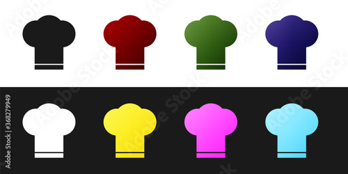 Set Chef hat icon isolated on black and white background. Cooking symbol. Cooks hat. Vector Illustration.