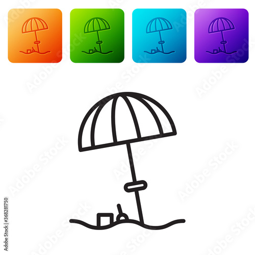 Black line Sun protective umbrella for beach icon isolated on white background. Large parasol for outdoor space. Beach umbrella. Set icons in color square buttons. Vector Illustration.