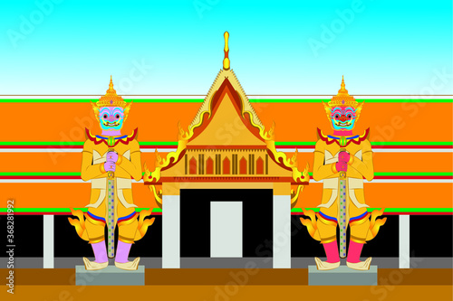 Giant Guardians statue of Thailand Temple drawing in vector