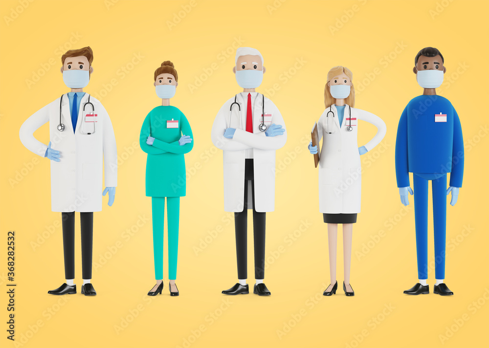 Doctors. A group of medical workers wearing two masks and wearing medical gloves. Chief physician and medical specialists. 3D illustration in cartoon style. Doctors. A group of medical workers wearing two masks and wearing medical gloves. Chief physician and medical specialists. 3D illustration in cartoon style.
