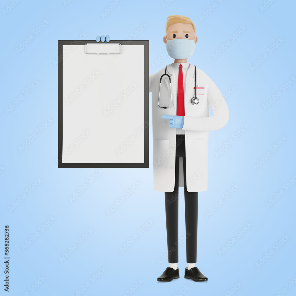 Health care health insurance concept. The doctor keeps the contract. 3D illustration in cartoon style.