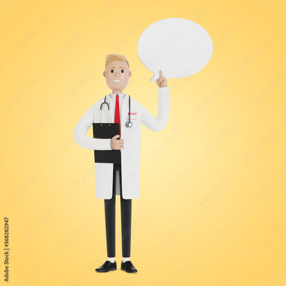 The male doctor raised his finger up to give advice or advice. Doctor with speech bubble. 3D illustration in cartoon style.