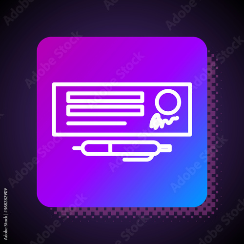 White line Blank template of the bank check and pen icon isolated on black background. Checkbook cheque page with empty fields to fill. Square color button. Vector Illustration.