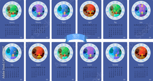 Calendar for 2021 with cute zodiac sign by horoscope. . Twelve months of the year with flat vector illustrations for January, February, March, April, may, June, July,August, September, October