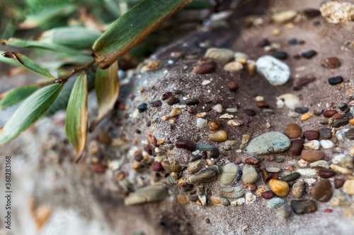 A close up of small, colourful pebbles, naturally embedded in a sandstone rock structure.